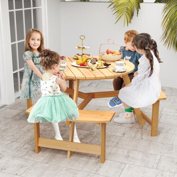 NP12039NA Kids Outdoor Wooden Picnic Table & Bench Set with Umbrella Hole - Natural