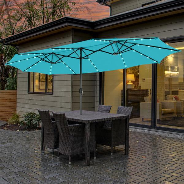 NP12186TU 15 ft. Twin Patio Umbrella with 48 Solar LED Lights - Turquoise