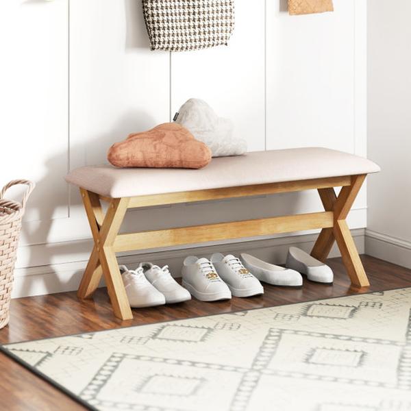 Picture of Costway JV12016NA Upholstered Entryway Rubber Wood Bench with Thick Padded Seat - Natural