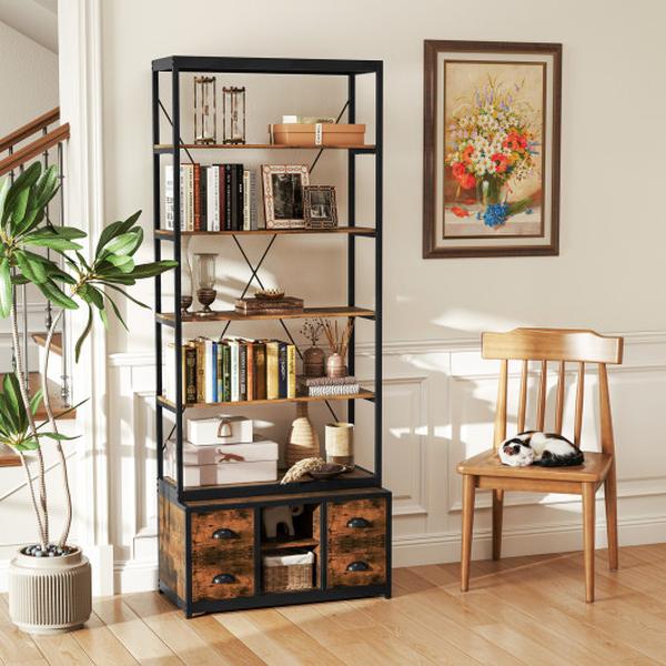 JV12054CF 8-Tier Bookshelf with 4 Fabric Drawers & Heavy-Duty Metal Frame - Coffee