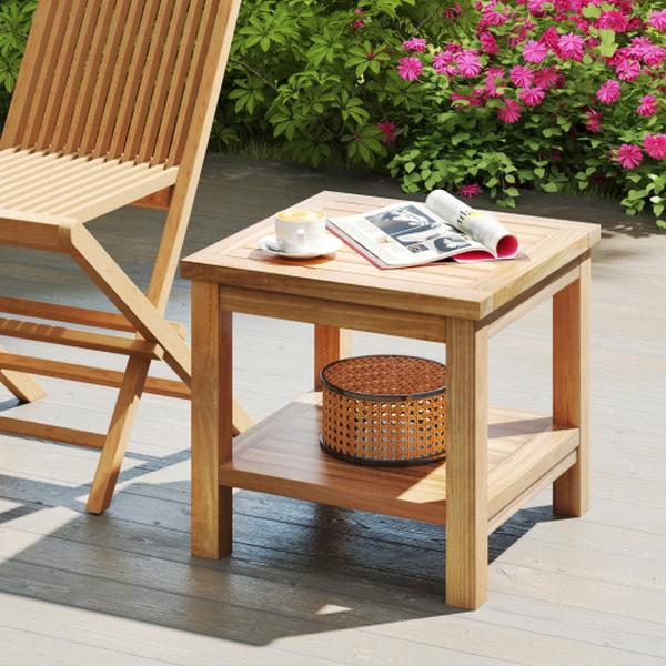 JV12437 Teak Wood Square Side Table with Open Shelf for Small Space