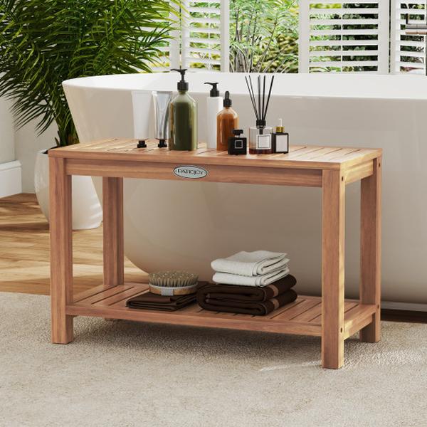JV12550 30 in. Teak Wood Bench Inside Shower Stool with Storage Shelf