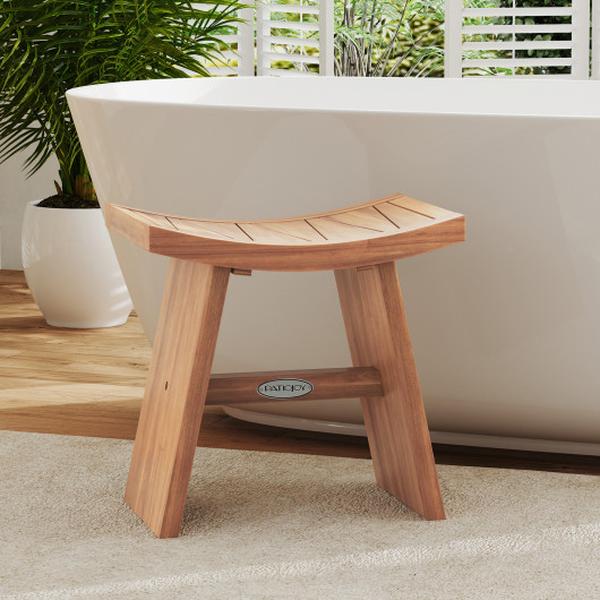 Picture of Costway JV12551 18 in. Teak Wood Shower Bench with Curved Seat for Bathroom