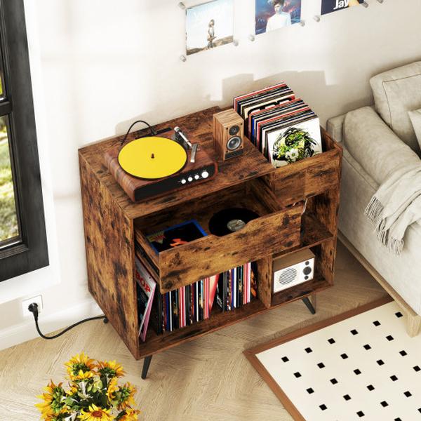 JZ10305US-CF Record Player Stand with Power Outlet - Rustic Brown