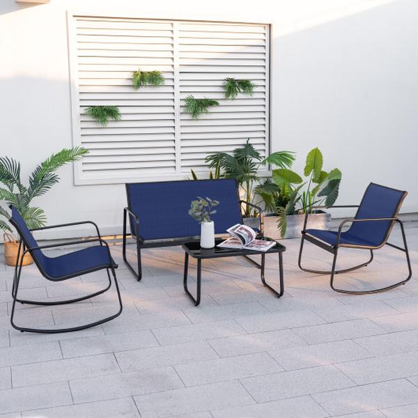 NP11539NY Patio Rocking Set with Glass-Top Table - Navy - 4 Piece