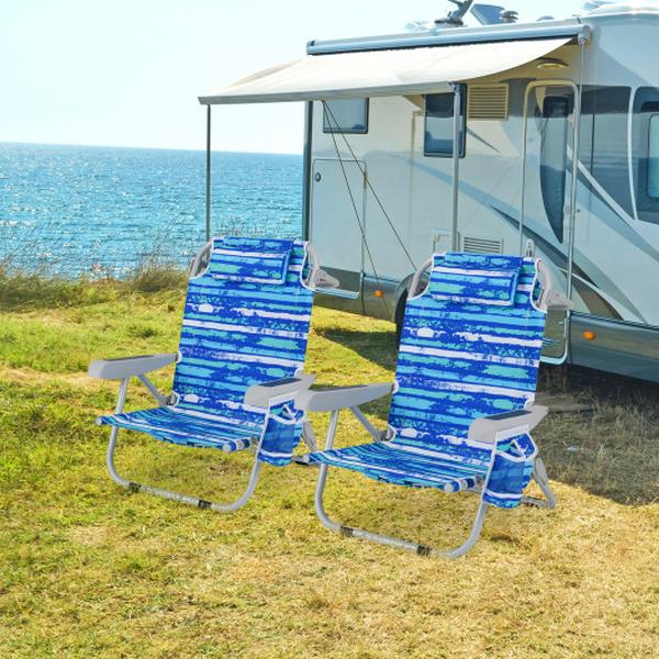 NP11624NY-2 Foldable Backpack Beach Chair with Cup Holder & Storage Pockets - Navy - Set of 2