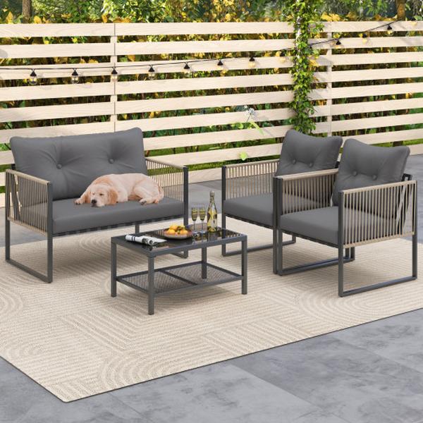 NP12005GR- Outdoor PE Rattan Conversation Sofa Set with Cushions - Gray - 4 Piece