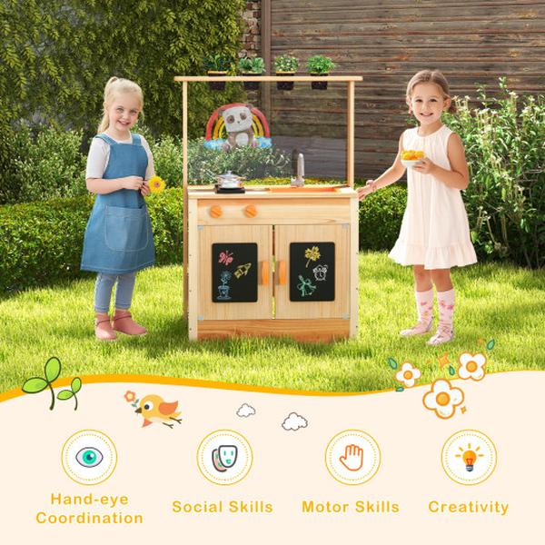 Picture of Costway TP10269NA Kids Mud Kitchen Fir Wood Playset with Planting Pots & Blackboards - Natural