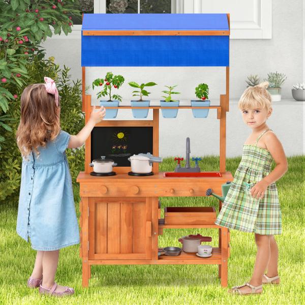 TP10274NA Wooden Pretend Play Kitchen Set with Height Adjustable Canopy for Kids - Natural
