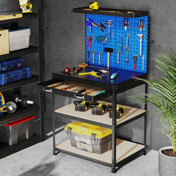 TH10085NY 32 x 16 in. Workbench Work Table with 2 Piece Pegboard Drawer & Shelves - Navy