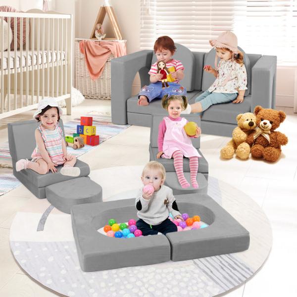 Picture of Costway TP10265GR Modular Kids Play Couch with Comfy Suede Fabric - Gray - 8 Piece