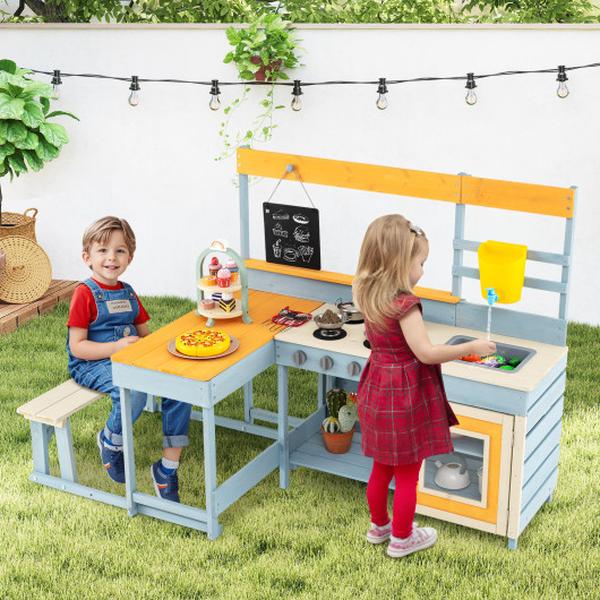 TP10277GR Fir Wood Play Kitchen Set with Kids Picnic Table & Built-in Bench - Gray