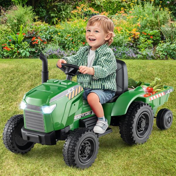 TQ10353US-HL 12V 2-in-1 Kids Ride on Tractor with Trailer & 3-Gear Shift - Grayish Green