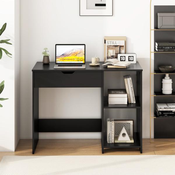 JV11888DK Space Saving Computer Desk with Hidden Compartment & Open Storage Shelves - Black