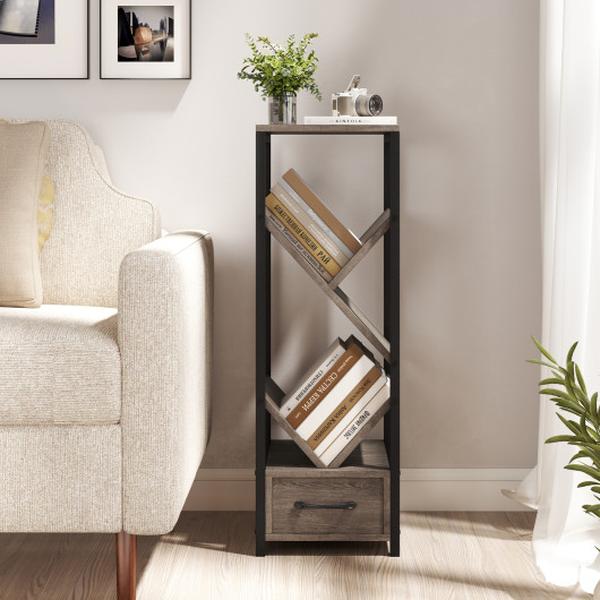 JV11937GR-1 4 Tier Floor Tree Bookshelf with Drawer & Metal Frame - Gray