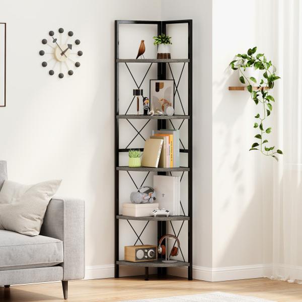 JV12002OA 63 in. 5-Tier Freestanding Corner Shelf Tall Storage Rack - Oak