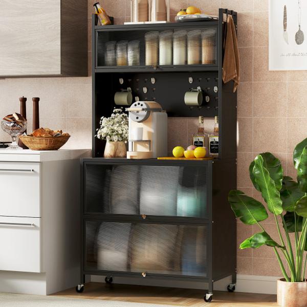 Picture of Costway JV12280BK 5 Tier Kitchen Bakers Rack with Lights Multifunctional Microwave Stand & Flip Door Cabinets - Black
