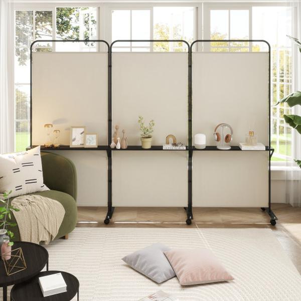 JV12391WH 3-Panel Folding Room Divider with 3 Metal Shelves & Lockable Wheels - White
