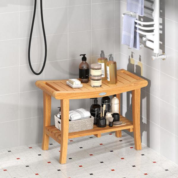 Picture of Costway JV12440 30 in. Large Teak Shower Stool with Storage Shelf & Non-Slip Footpads