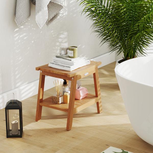 Picture of Costway JV12441 20 in. Teak Wood Shower Bench with Storage Shelf & Adjustable Foot Pads