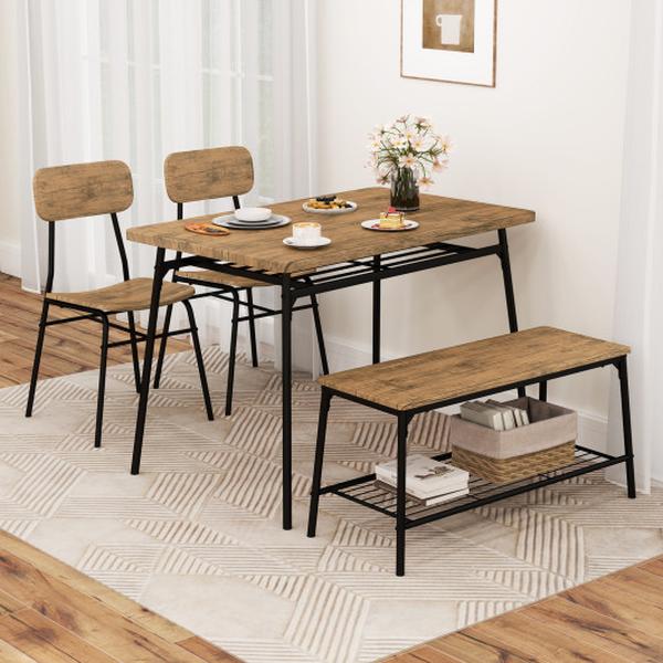 Picture of Costway KC57729BN Metal Frame Dining Table Set with Bench & 2 Chairs for 4-Persons - Brown - 4 Piece