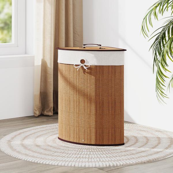 JZ10136YW Bamboo Laundry Hamper Basket with Lid & Removable Liner Bag - Yellow