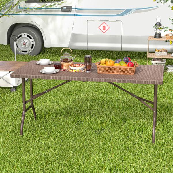 NP11839CF 5 ft. Folding Picnic Table with Rattan Grain HDPE Tabletop & Sturdy Metal Fame - Coffee
