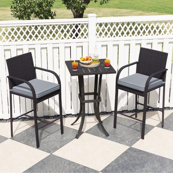 NP11975DK Patio Wicker Rattan Bar Height Chairs & Square Table Set - Black - 3 Piece