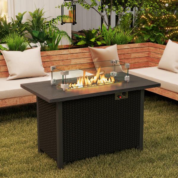 NP12068DK 2 in. 50000 BTU Propane Gas Fire Pit Table with Wind Guard & Glass Rocks - Black