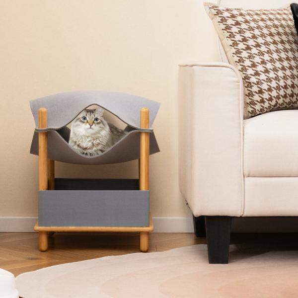 Picture of Costway PV10177GR 2-Tier Wooden Cat House with Semi-Enclosed Condo & Removable Clothes - Gray