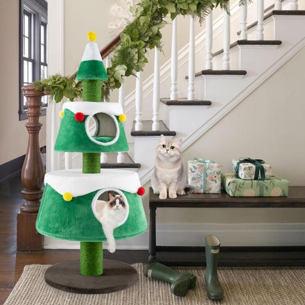 PV10229GN Christmas Cute Holiday Cat Tower Tree with 2 Condos for Indoor - Green