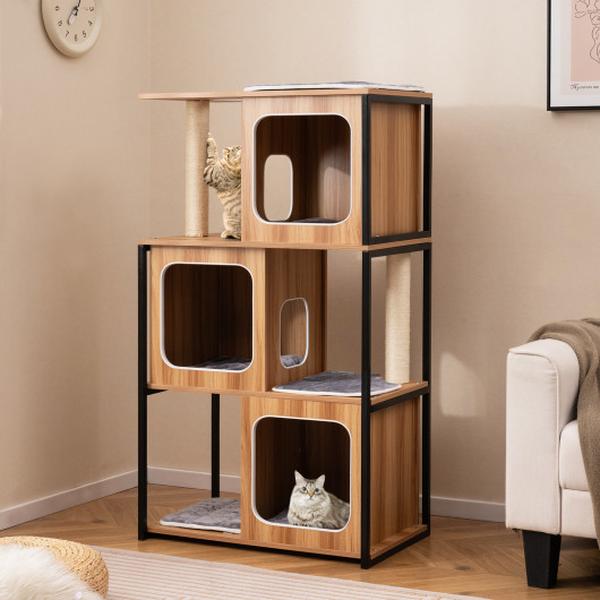 PV10240NA Modern Cat House Tree with Metal Frame & Scratching Posts - Natural