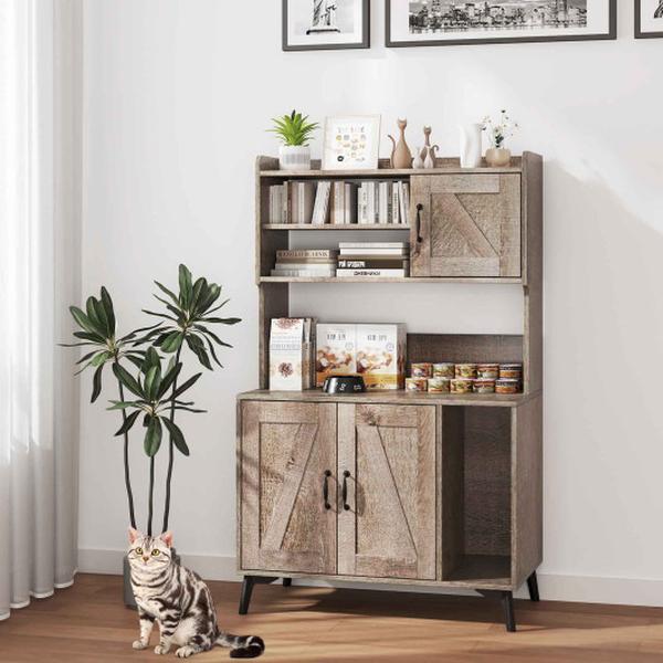 Picture of Costway PV10289OA Large Cat Litter Box Enclosure with Display Storage Shelves - Oak