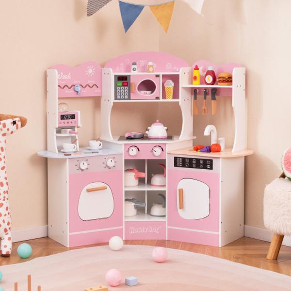 Picture of Costway TM10118PI Corner Wooden Play Kitchen with Coffee Machine & Slide for Kids - Pink