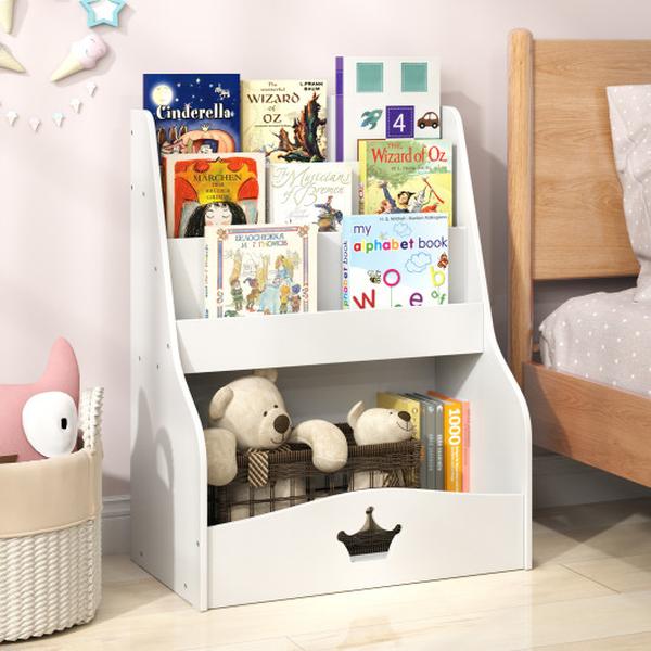 Picture of Costway TP10215WH 4-Tier Kids Bookshelf with Shelves & Compartment for Toddlers - White