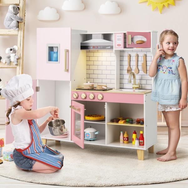 Picture of Costway TP10241PI Wooden Pretend Play Kitchen with Ice Maker Range Hood & Blackboard - Pink