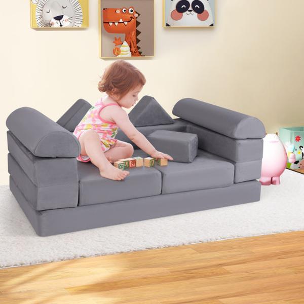 Picture of Costway TP10266GR Climb & Crawl Foam & Floor Playset with Breathable Suede Fabric - Gray - 9 Piece