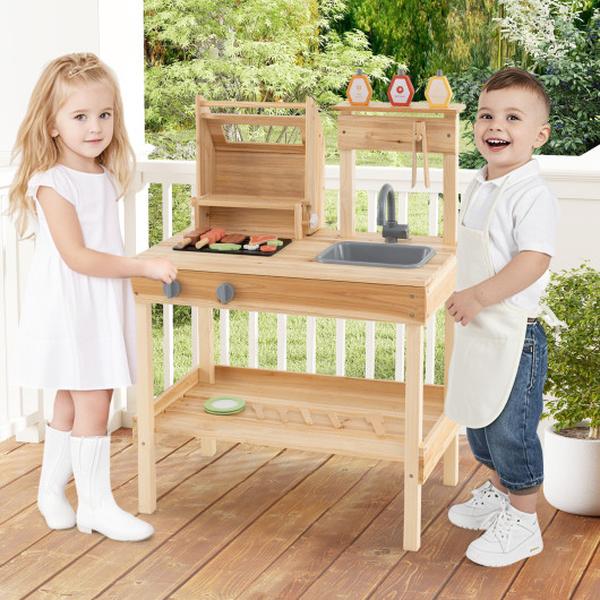 Picture of Costway TP10272NA Wooden Barbecue Grill Playset with Play Food & Open Shelves - Natural