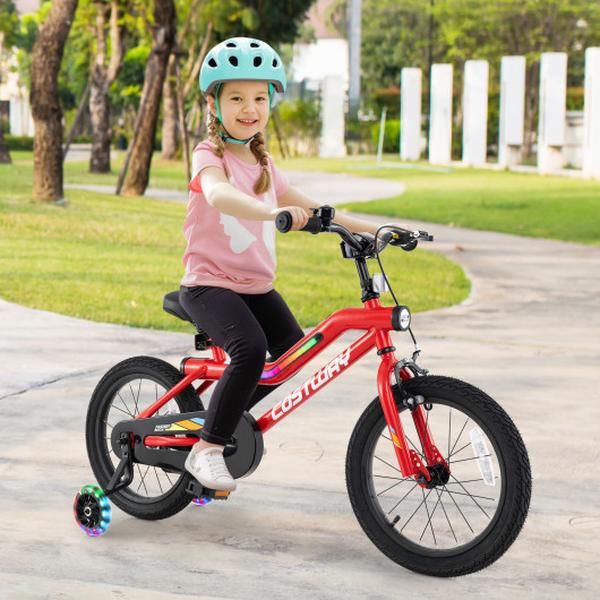 TS10184RE-16 16 in. Kids Bike with LED Lights Adjustable Carbon Steel Bicycle for 4-7 Years Old - Red