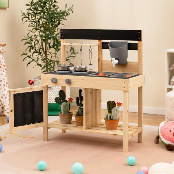Picture of Costway TM10110NA Mud Kids Play Kitchen Outdoor Playset with 2 Removable Sinks - Natural