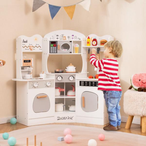 Picture of Costway TM10118WH Corner Wooden Play Kitchen with Coffee Machine & Slide for Kids - White