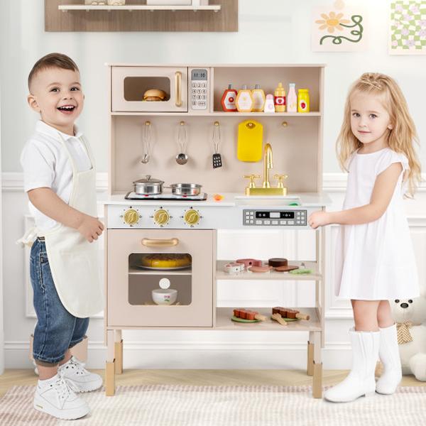 TP10299YE Height Adjustable Play Kitchen with Microwave & Lights & Sounds - Pink