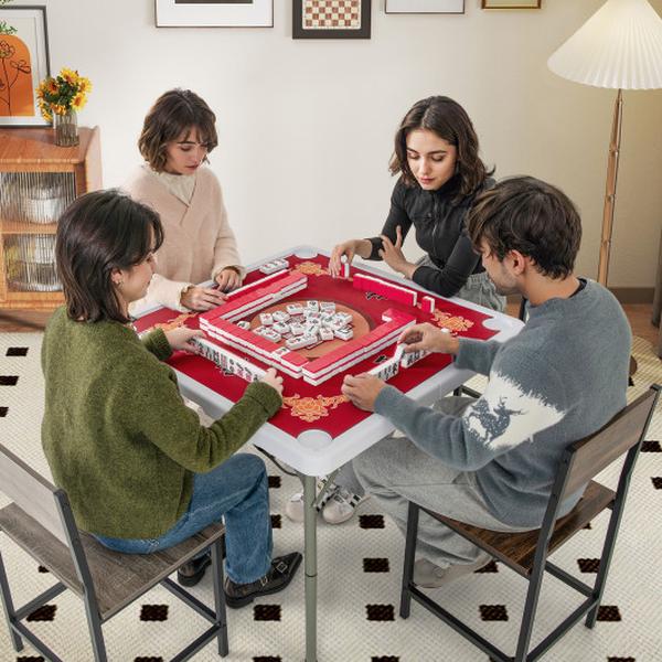 UY10170RE 35 in. 4 Player Game Card Folding Mahjong Table with Cup Holders - Red