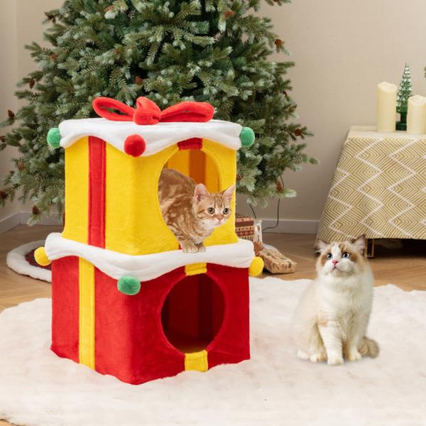 PV10199CL 2 Gift Box Shaped Cute Christmas Cat House with Bow - Multi Color