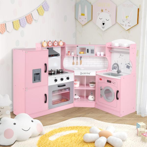 Picture of Costway TM10080PI Corner Kids Play Kitchen with Washing Machine & Ice Maker Gift for Boys & Girls - Pink