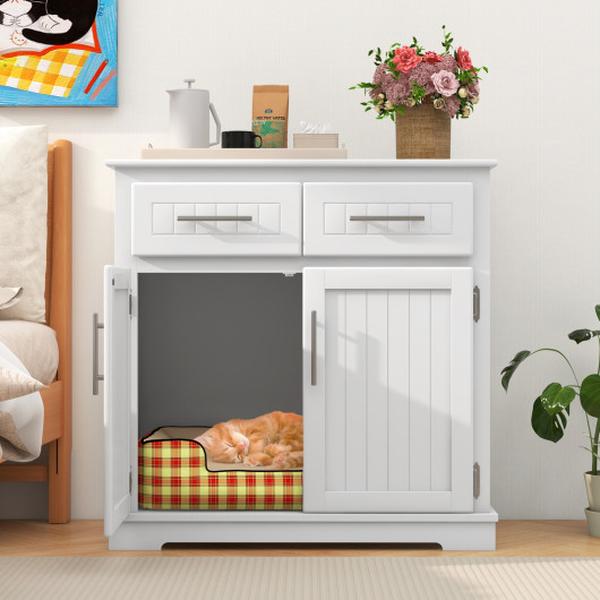 Picture of Costway PV10192WH Cat Litter Box Enclosure with 2 Drawers & Double Doors - White