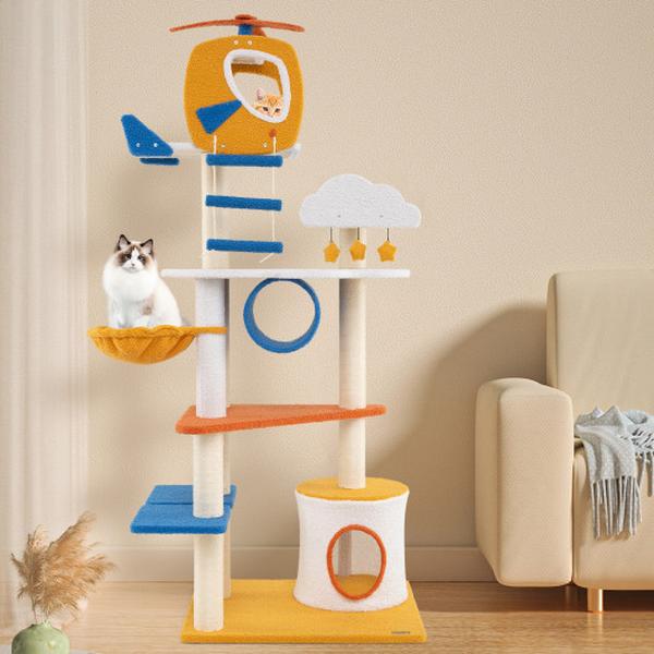 Picture of Costway PV10219YW 70 in. Tall Aviation-Themed Cat Tree with Helicopter Top Perch & Platforms - Yellow