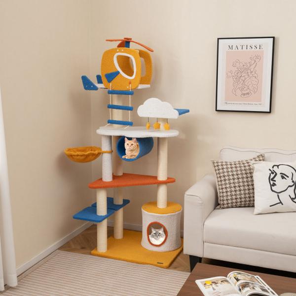 Picture of Costway PV10219YW 70 in. Tall Aviation-Themed Cat Tree with Helicopter Top Perch & Platforms - Yellow