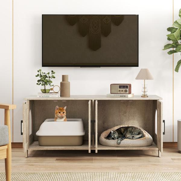 Picture of Costway PV10245OA Modern Kitty Furniture Hidden Cat Litter Box Enclosure for 2 Cats - Oak