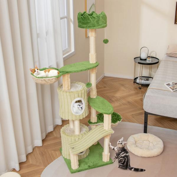 PV10272GN 63 in. Multi-Level Aesthetic Stripped Kitten Tower with 2 Condos - Green
